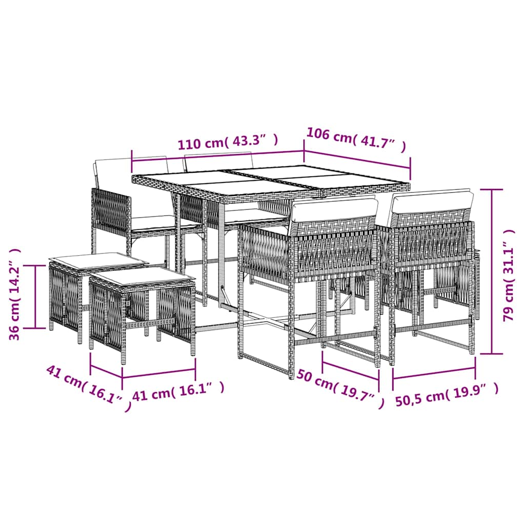 vidaXL 9 Piece Garden Dining Set with Cushions Grey Poly Rattan 6