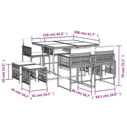 vidaXL 9 Piece Garden Dining Set with Cushions Grey Poly Rattan 6