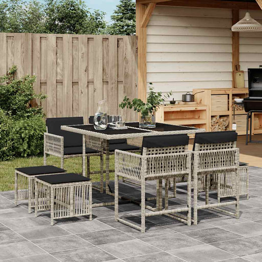 vidaXL 9 Piece Garden Dining Set with Cushions Light Grey Poly Rattan 1