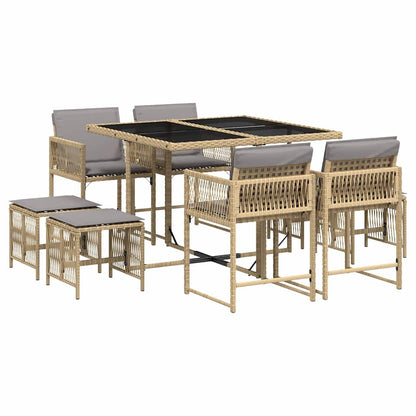 9 Piece Garden Dining Set with Cushions Poly Rattan Glass 8 Mix beige