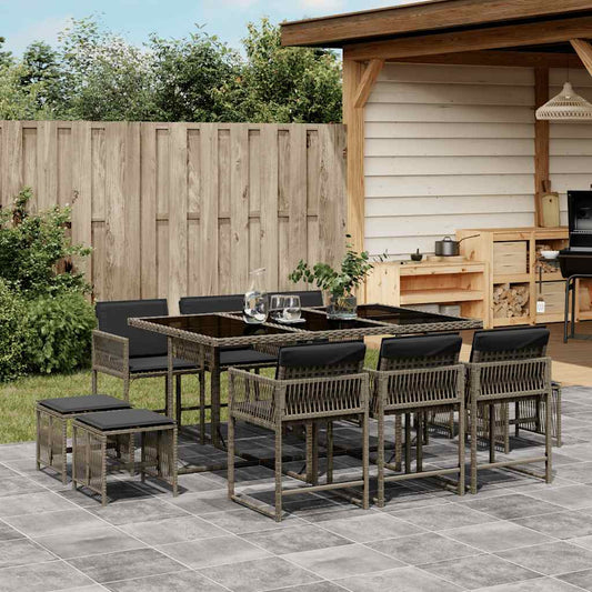 11 Piece Garden Dining Set with Cushions Poly Rattan Glass 10 pcs Grey
