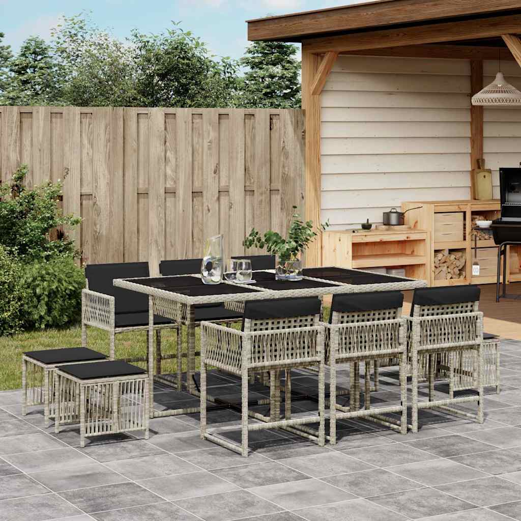 11 Piece Garden Dining Set with Cushions Poly Rattan Glass 10 pcs Light grey
