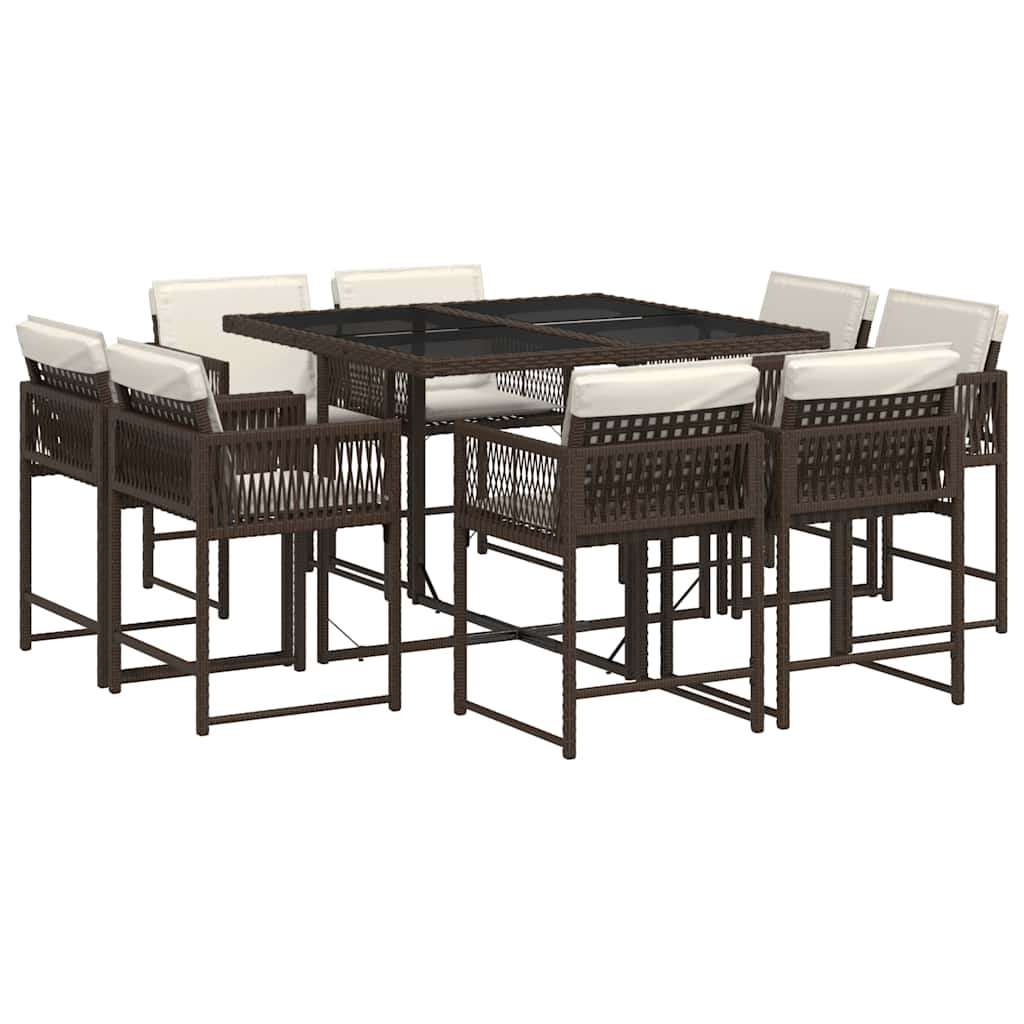 vidaXL 9 Piece Garden Dining Set with Cushions Brown Poly Rattan 2