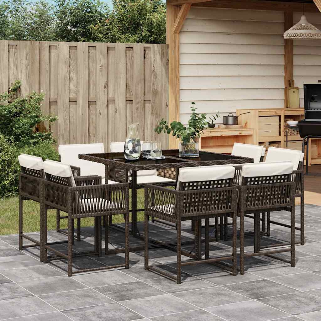 vidaXL 9 Piece Garden Dining Set with Cushions Brown Poly Rattan 1