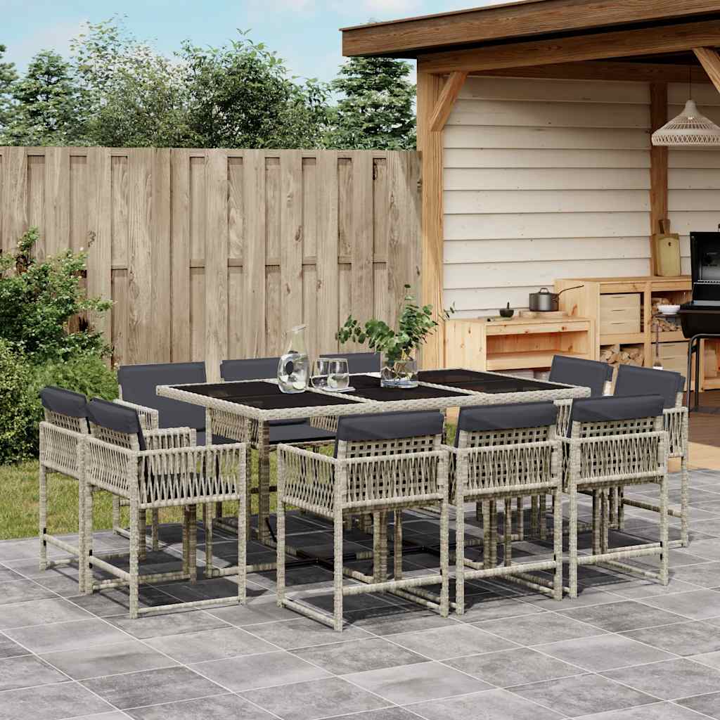 11 Piece Garden Dining Set with Cushions Poly Rattan Glass 10 pcs Light grey