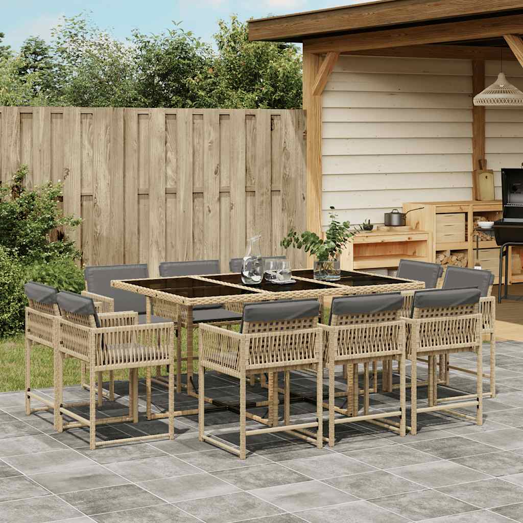 11 Piece Garden Dining Set with Cushions Poly Rattan Glass 10 pcs Mix beige