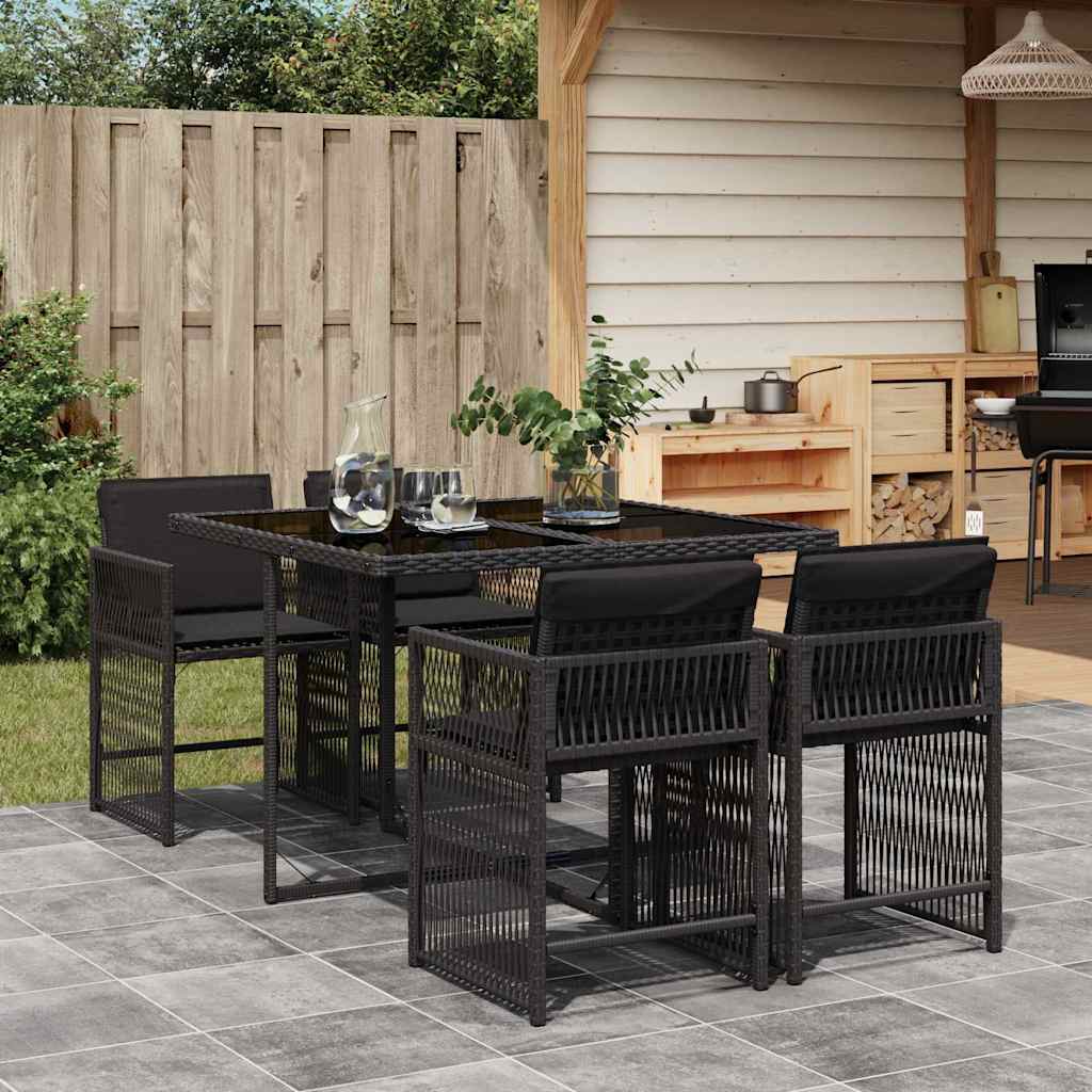 vidaXL 5 Piece Garden Dining Set with Cushions Black Poly Rattan 1