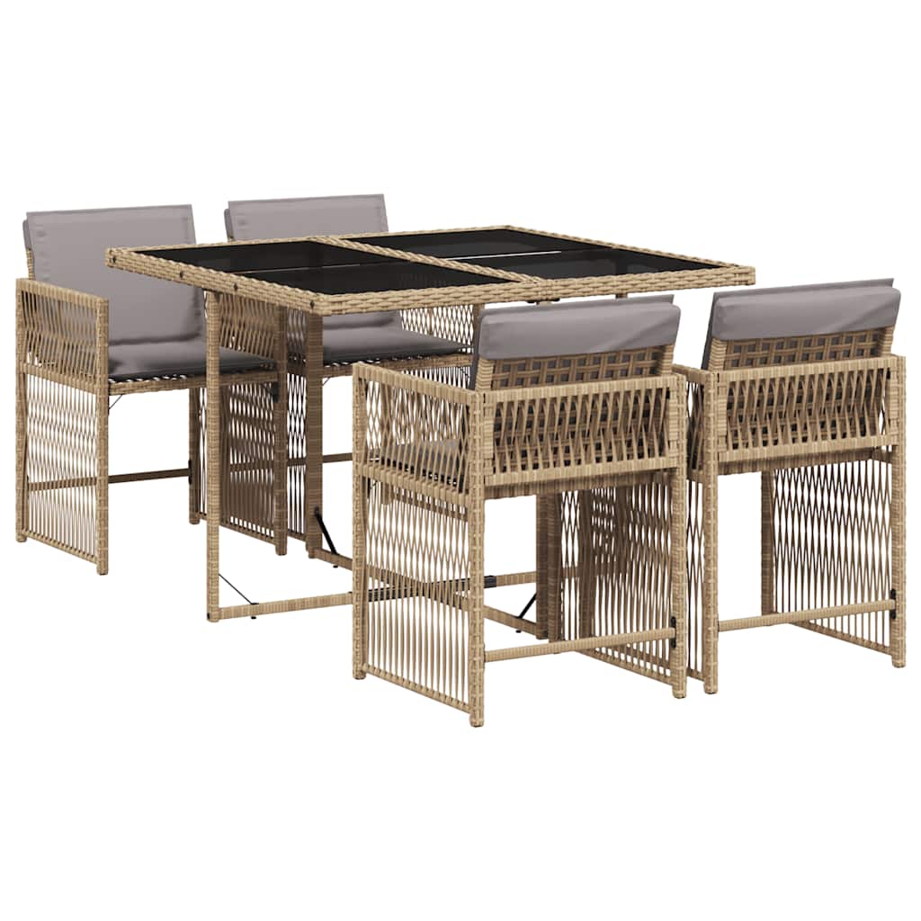 5 Piece Garden Dining Set with Cushions Poly Rattan 4 Mix beige