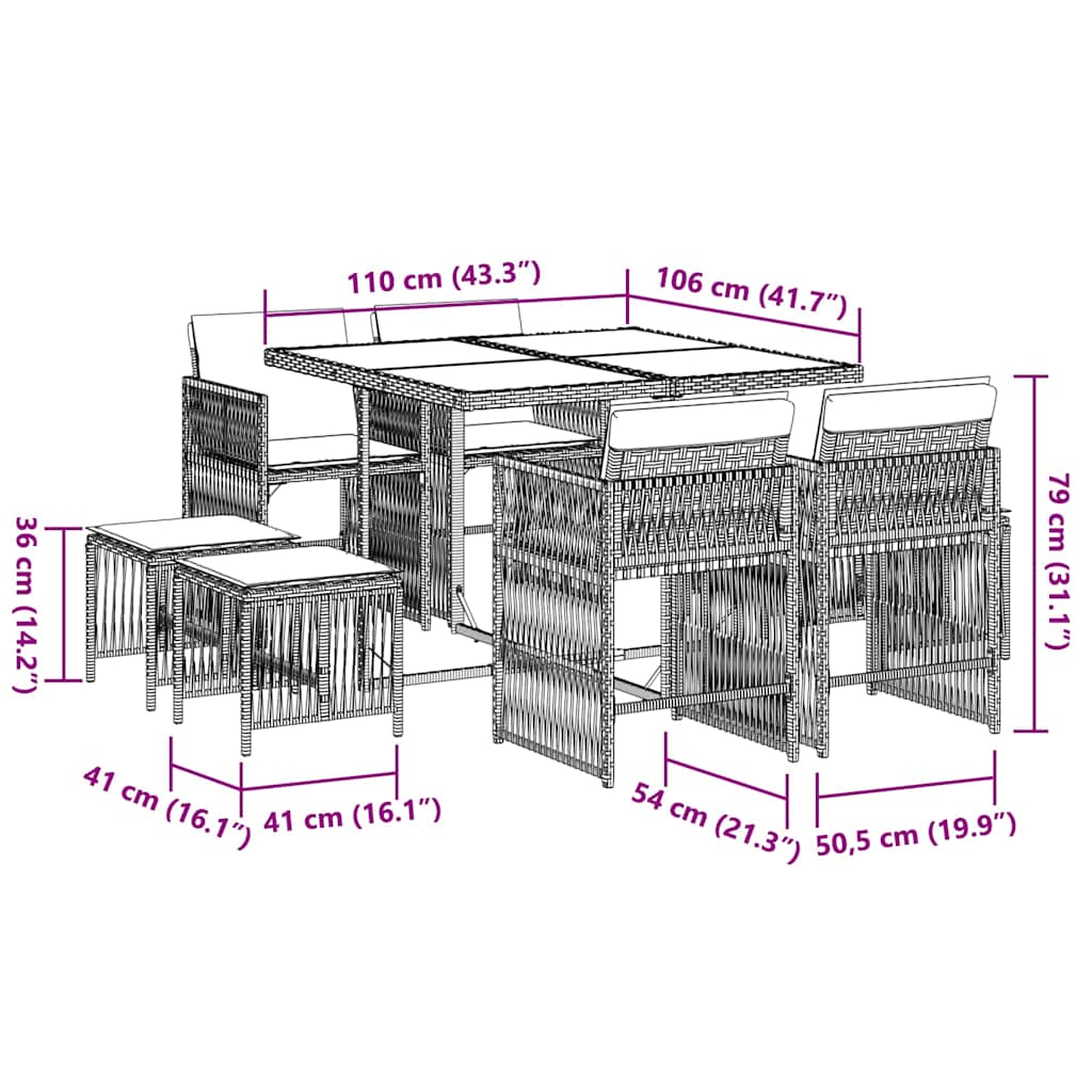 vidaXL 9 Piece Garden Dining Set with Cushions Black Poly Rattan 6