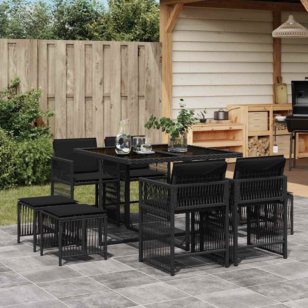 vidaXL 9 Piece Garden Dining Set with Cushions Black Poly Rattan 1