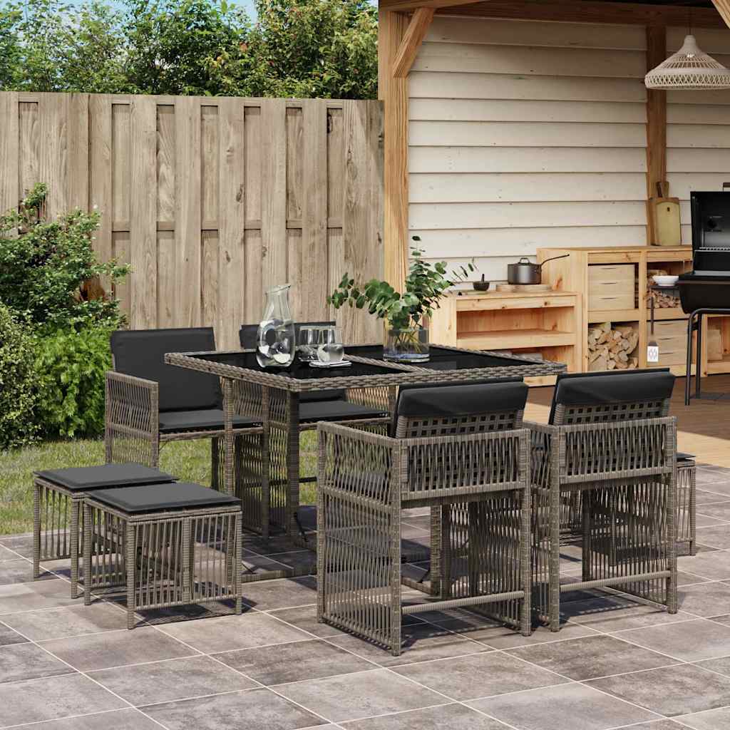 vidaXL 9 Piece Garden Dining Set with Cushions Grey Poly Rattan 1