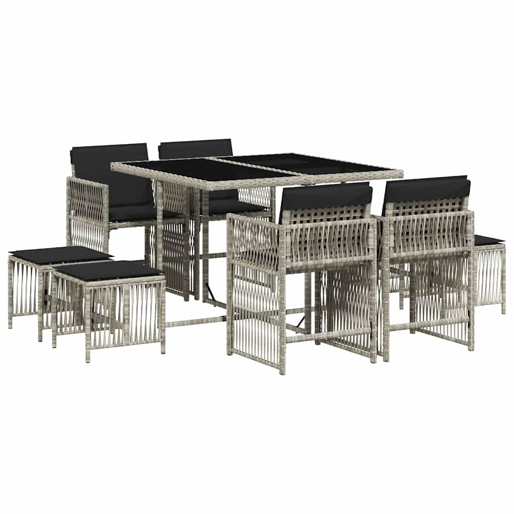 vidaXL 9 Piece Garden Dining Set with Cushions Light Grey Poly Rattan 2
