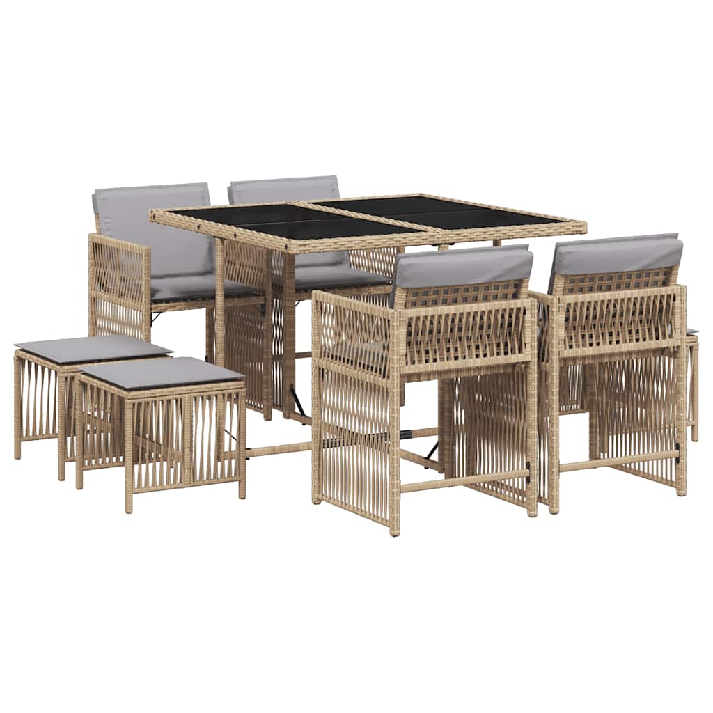9 Piece Garden Dining Set with Cushions Poly Rattan 8 Mix beige