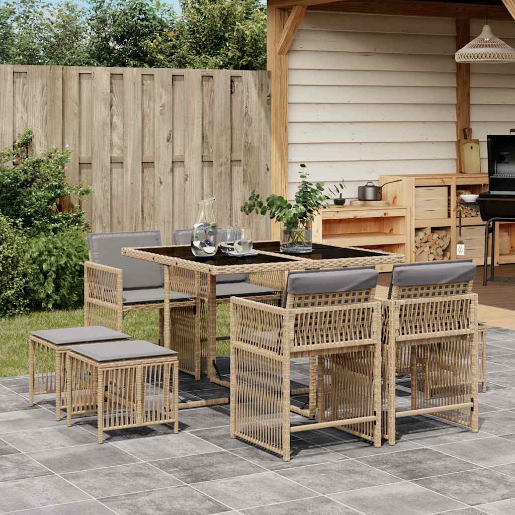 vidaXL 9 Piece Garden Dining Set with Cushions Mix Beige Poly Rattan 1
