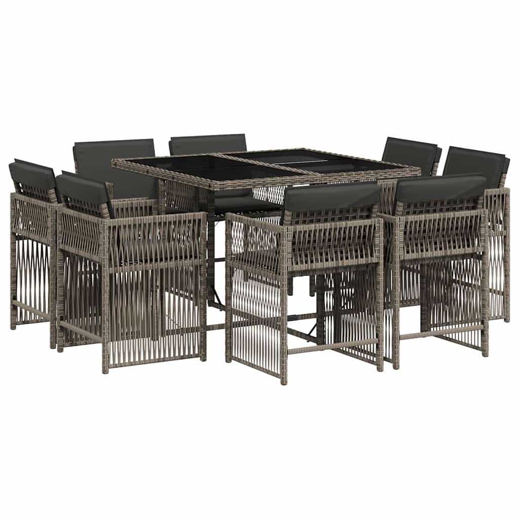 vidaXL 9 Piece Garden Dining Set with Cushions Grey Poly Rattan 2