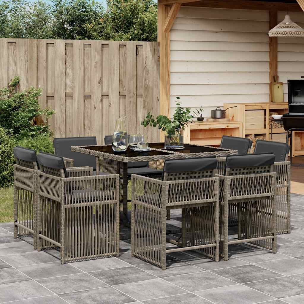vidaXL 9 Piece Garden Dining Set with Cushions Grey Poly Rattan 1