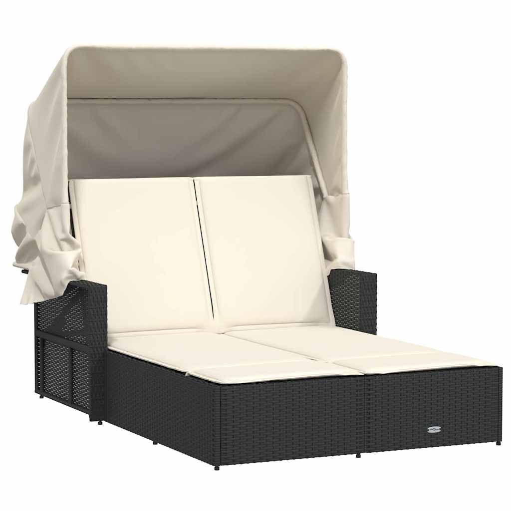 vidaXL Double Sun Lounger with Canopy and Cushions Black Poly Rattan 2