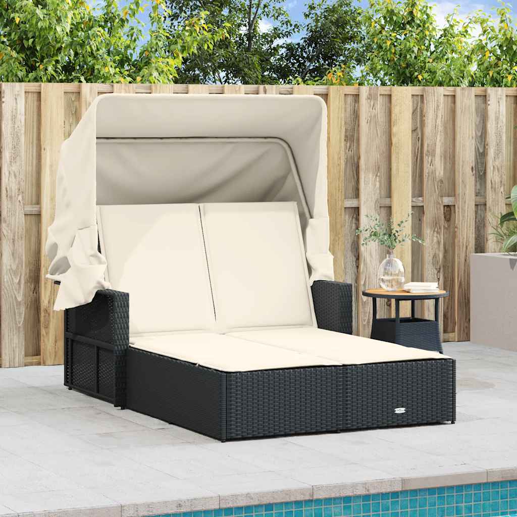 vidaXL Double Sun Lounger with Canopy and Cushions Black Poly Rattan 3