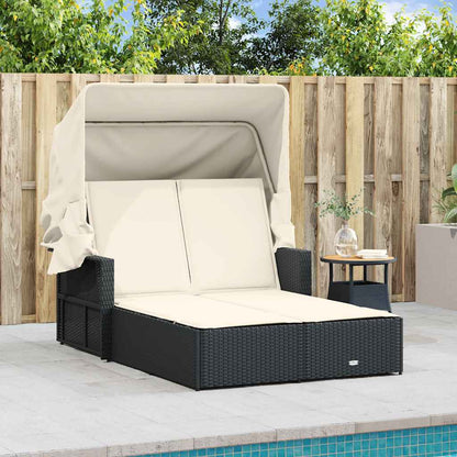 vidaXL Double Sun Lounger with Canopy and Cushions Black Poly Rattan 3