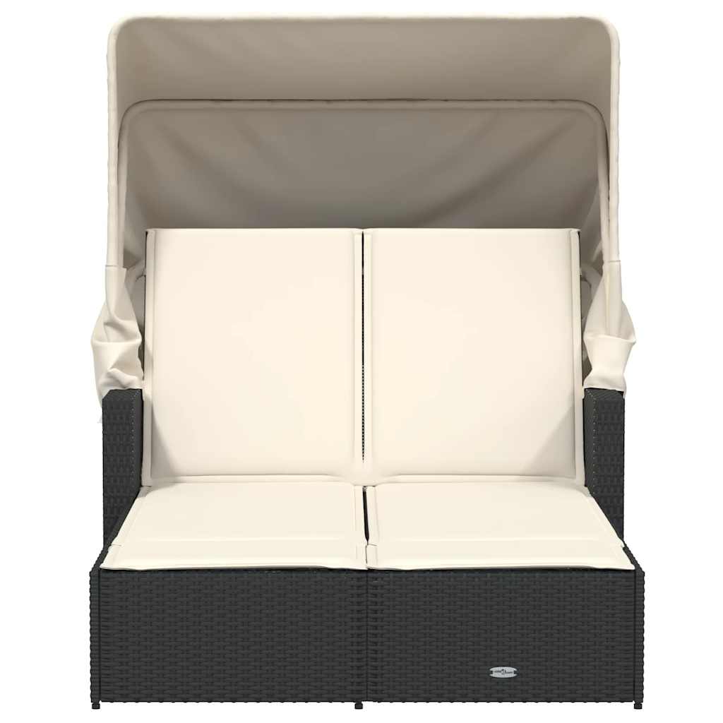 vidaXL Double Sun Lounger with Canopy and Cushions Black Poly Rattan 4