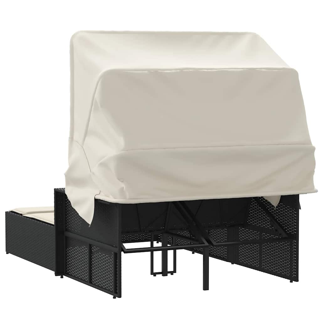 vidaXL Double Sun Lounger with Canopy and Cushions Black Poly Rattan 6