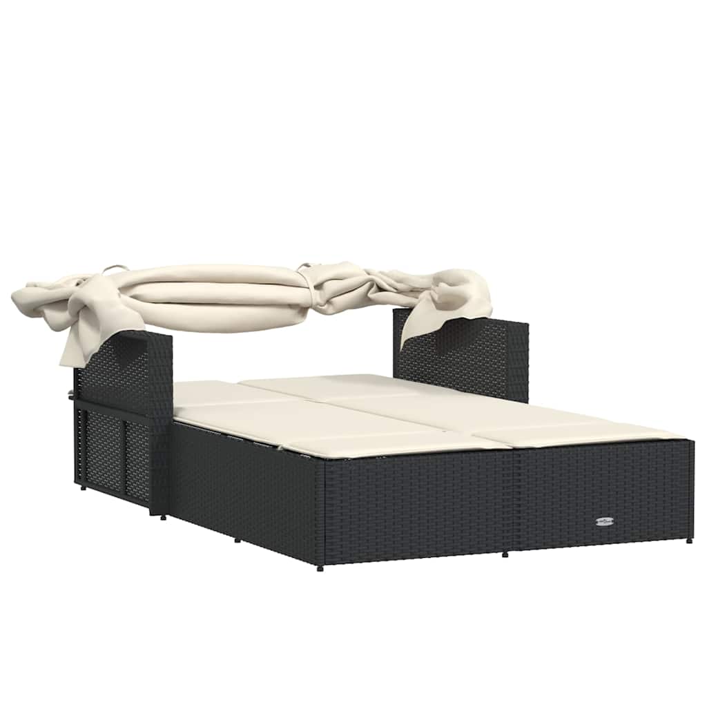 vidaXL Double Sun Lounger with Canopy and Cushions Black Poly Rattan 5