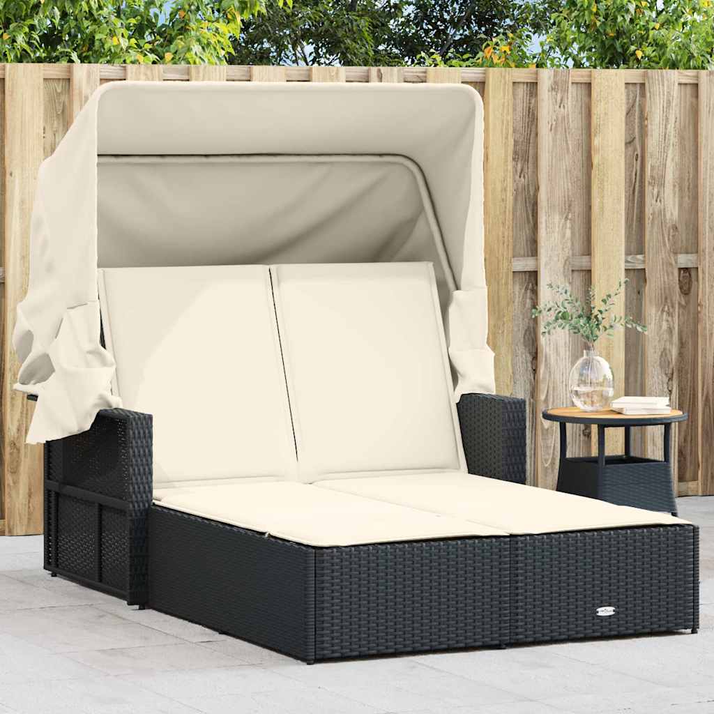 vidaXL Double Sun Lounger with Canopy and Cushions Black Poly Rattan 1