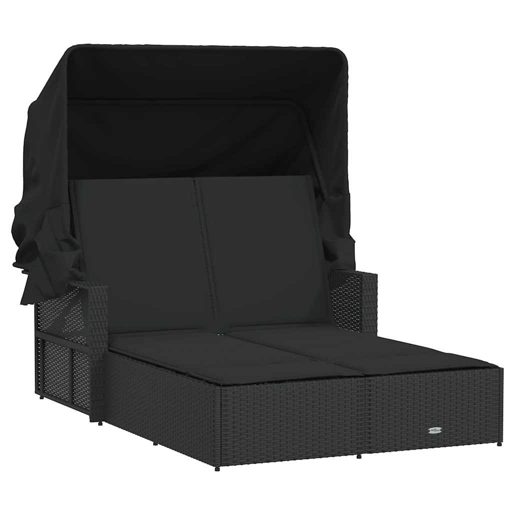 vidaXL Double Sun Lounger with Canopy and Cushions Black Poly Rattan 2