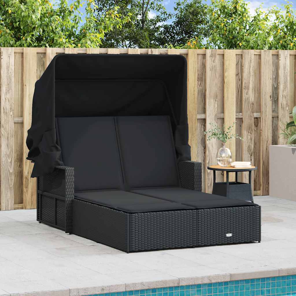 vidaXL Double Sun Lounger with Canopy and Cushions Black Poly Rattan 3