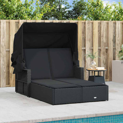 vidaXL Double Sun Lounger with Canopy and Cushions Black Poly Rattan 3