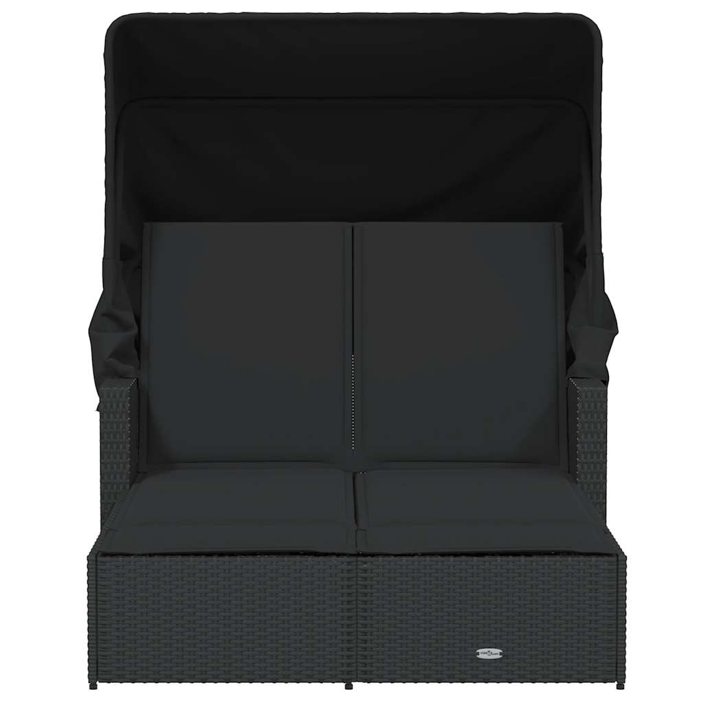 vidaXL Double Sun Lounger with Canopy and Cushions Black Poly Rattan 4