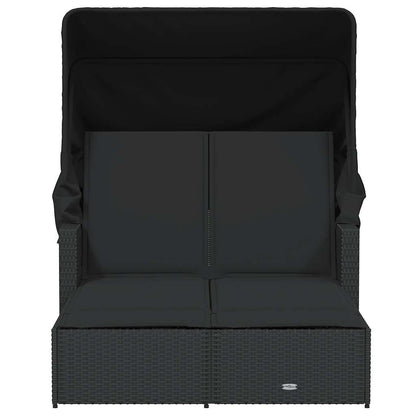 vidaXL Double Sun Lounger with Canopy and Cushions Black Poly Rattan 4