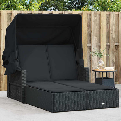 vidaXL Double Sun Lounger with Canopy and Cushions Black Poly Rattan 1