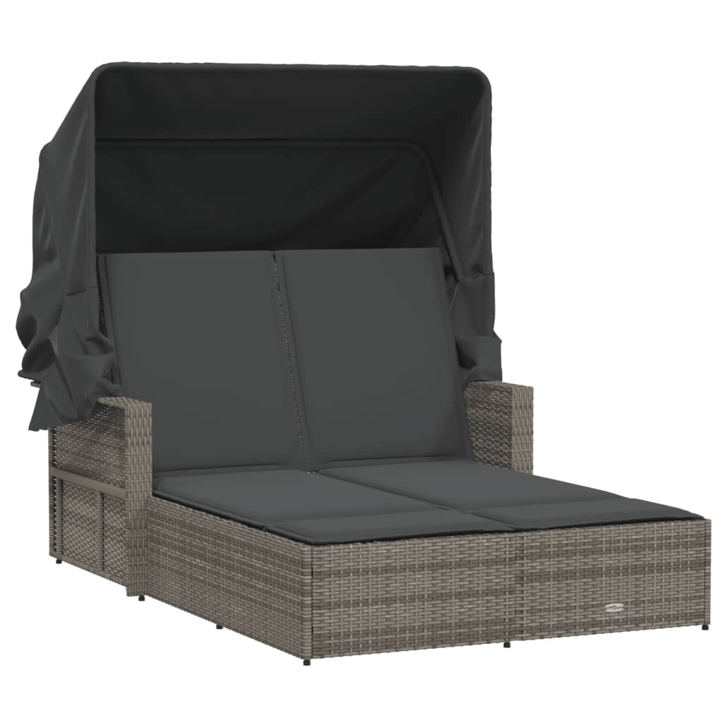 vidaXL Double Sun Lounger with Canopy and Cushions Grey Poly Rattan 2