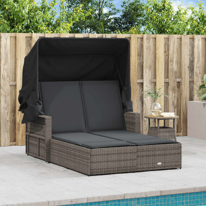 vidaXL Double Sun Lounger with Canopy and Cushions Grey Poly Rattan 3
