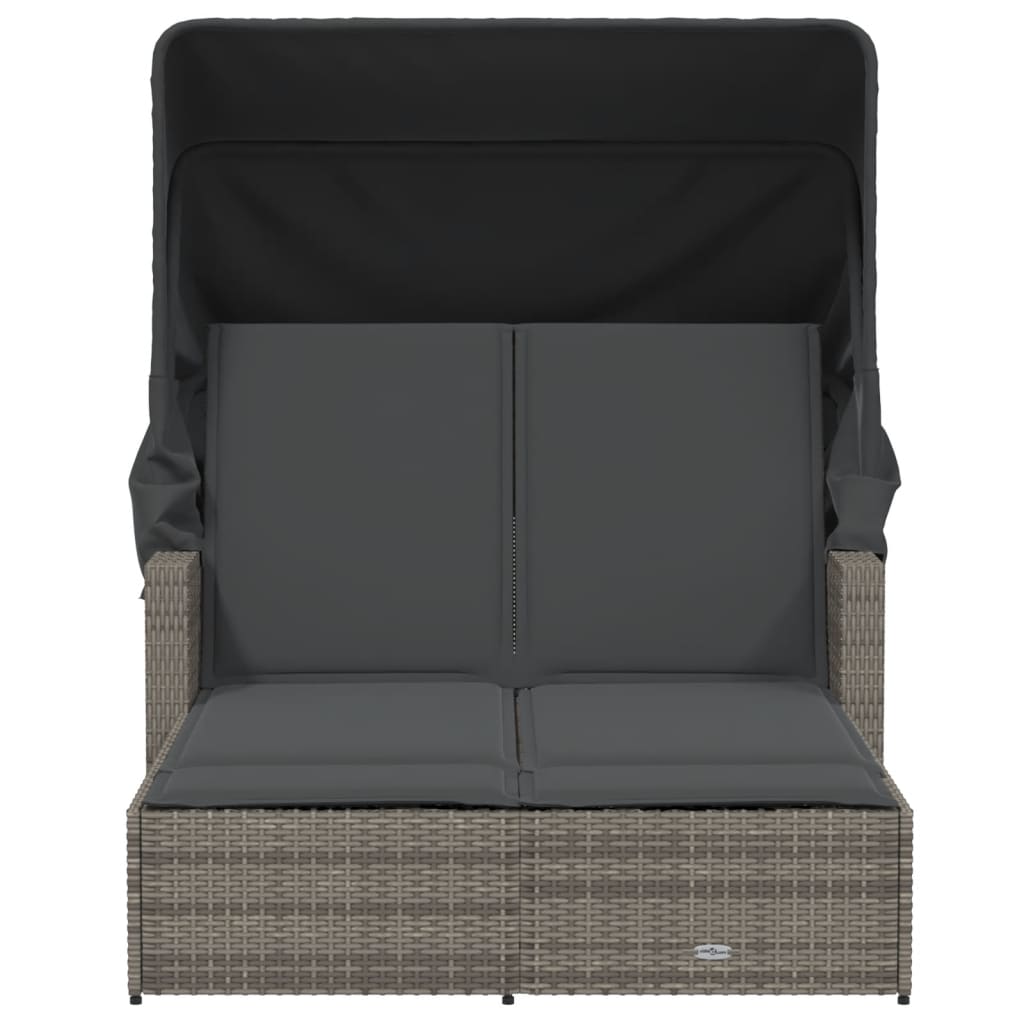 vidaXL Double Sun Lounger with Canopy and Cushions Grey Poly Rattan 4