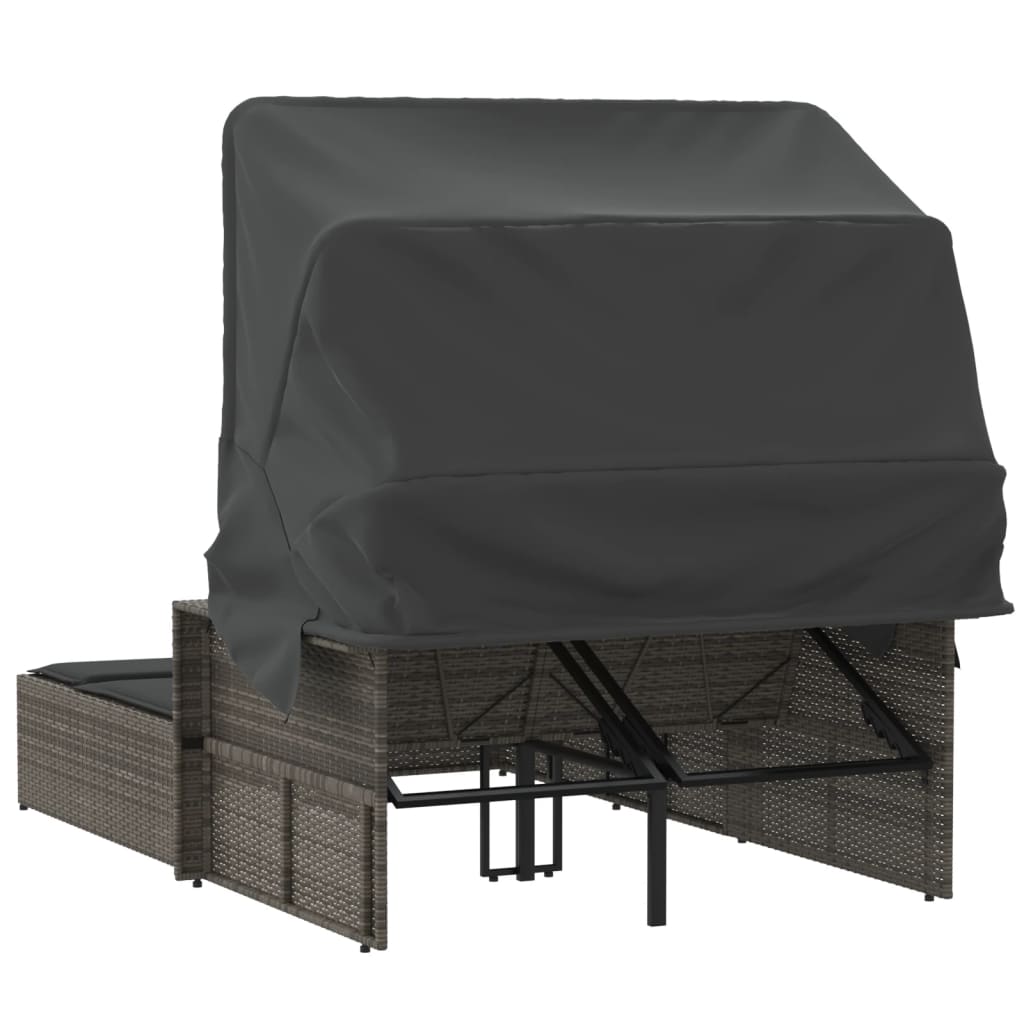 vidaXL Double Sun Lounger with Canopy and Cushions Grey Poly Rattan 6