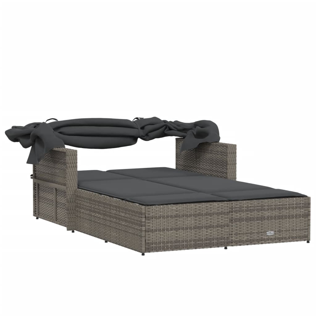 vidaXL Double Sun Lounger with Canopy and Cushions Grey Poly Rattan 5