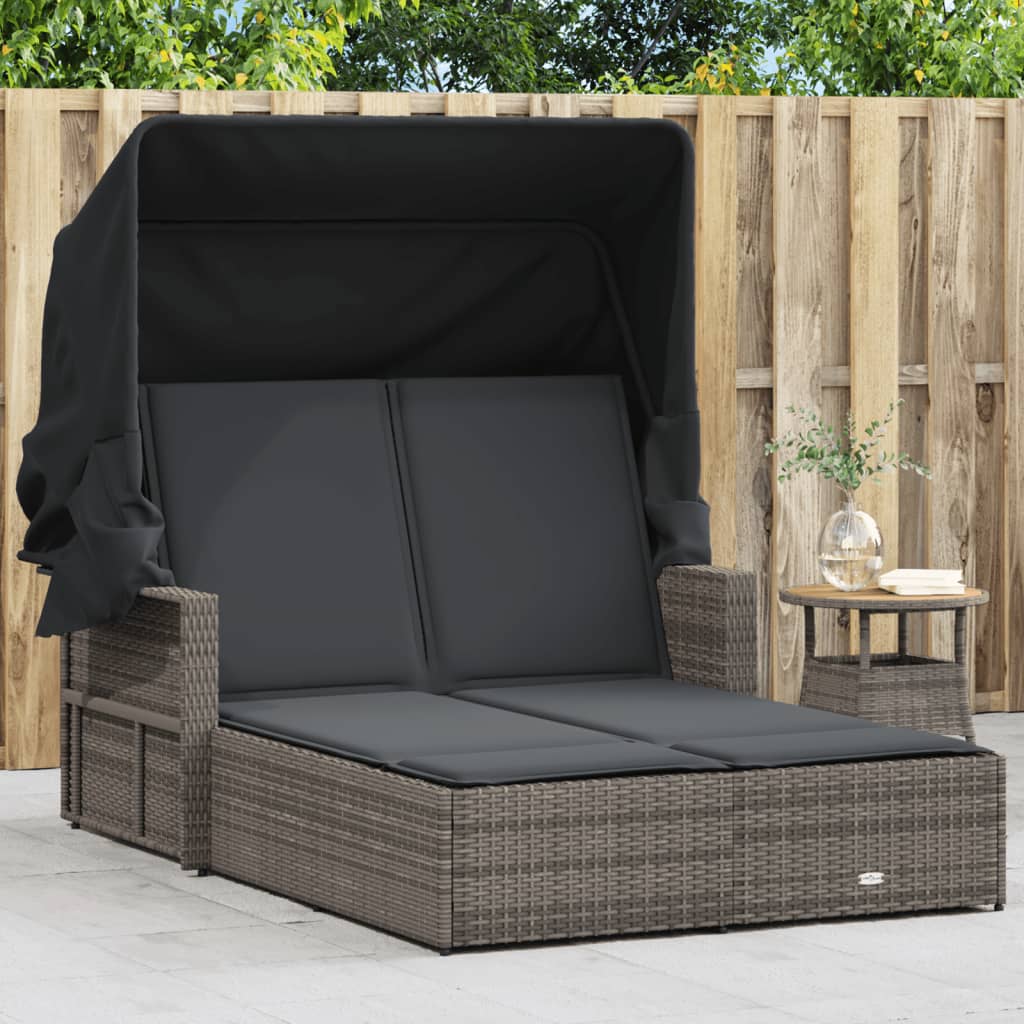 vidaXL Double Sun Lounger with Canopy and Cushions Grey Poly Rattan 1