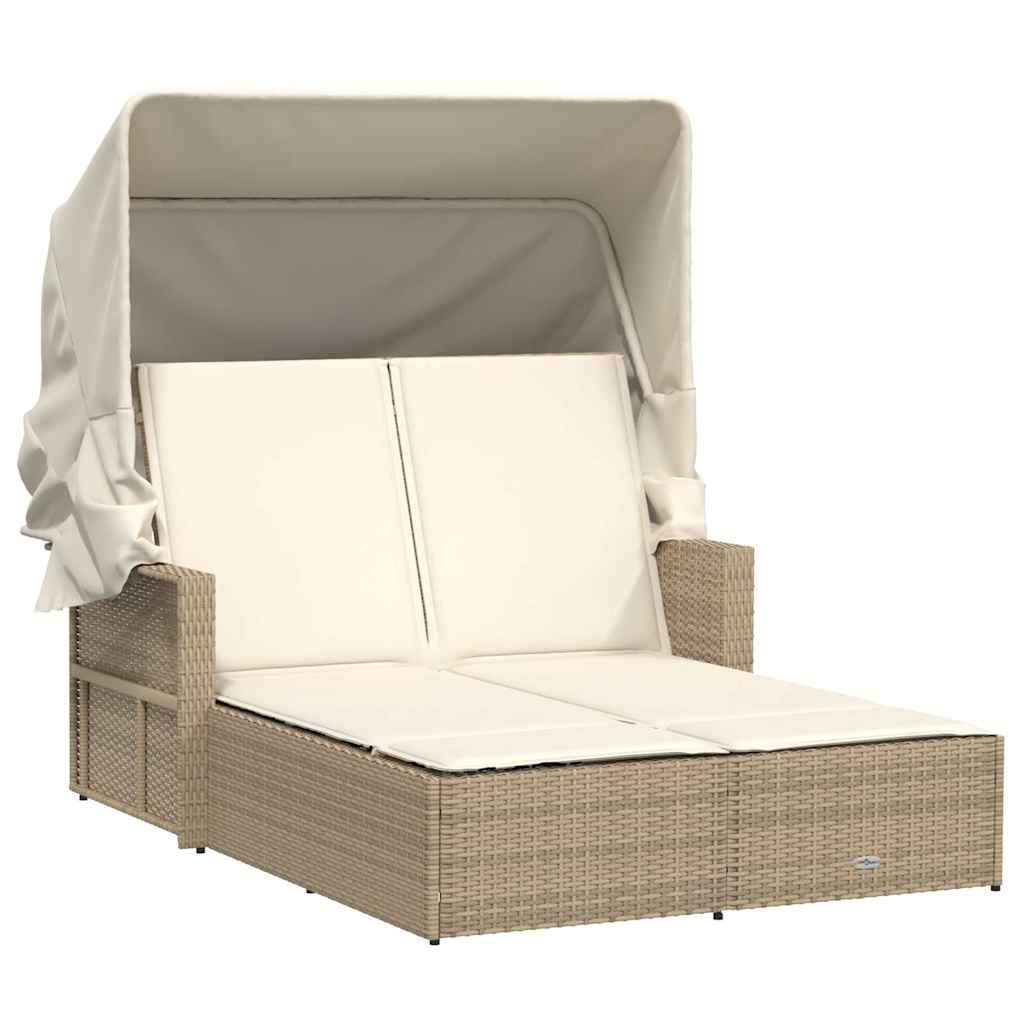 vidaXL Double Sun Lounger with Canopy and Cushions Beige Poly Rattan 2