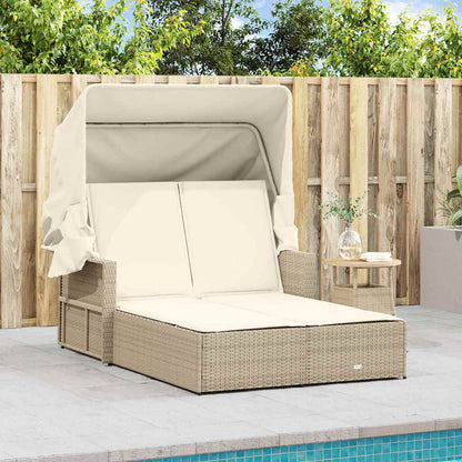 vidaXL Double Sun Lounger with Canopy and Cushions Beige Poly Rattan 3