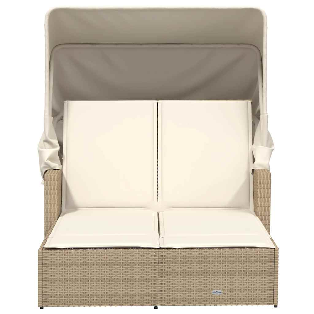 vidaXL Double Sun Lounger with Canopy and Cushions Beige Poly Rattan 4