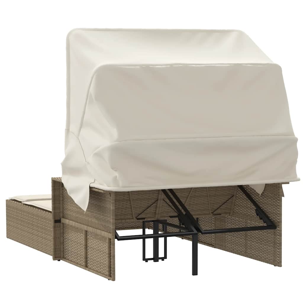 vidaXL Double Sun Lounger with Canopy and Cushions Beige Poly Rattan 6
