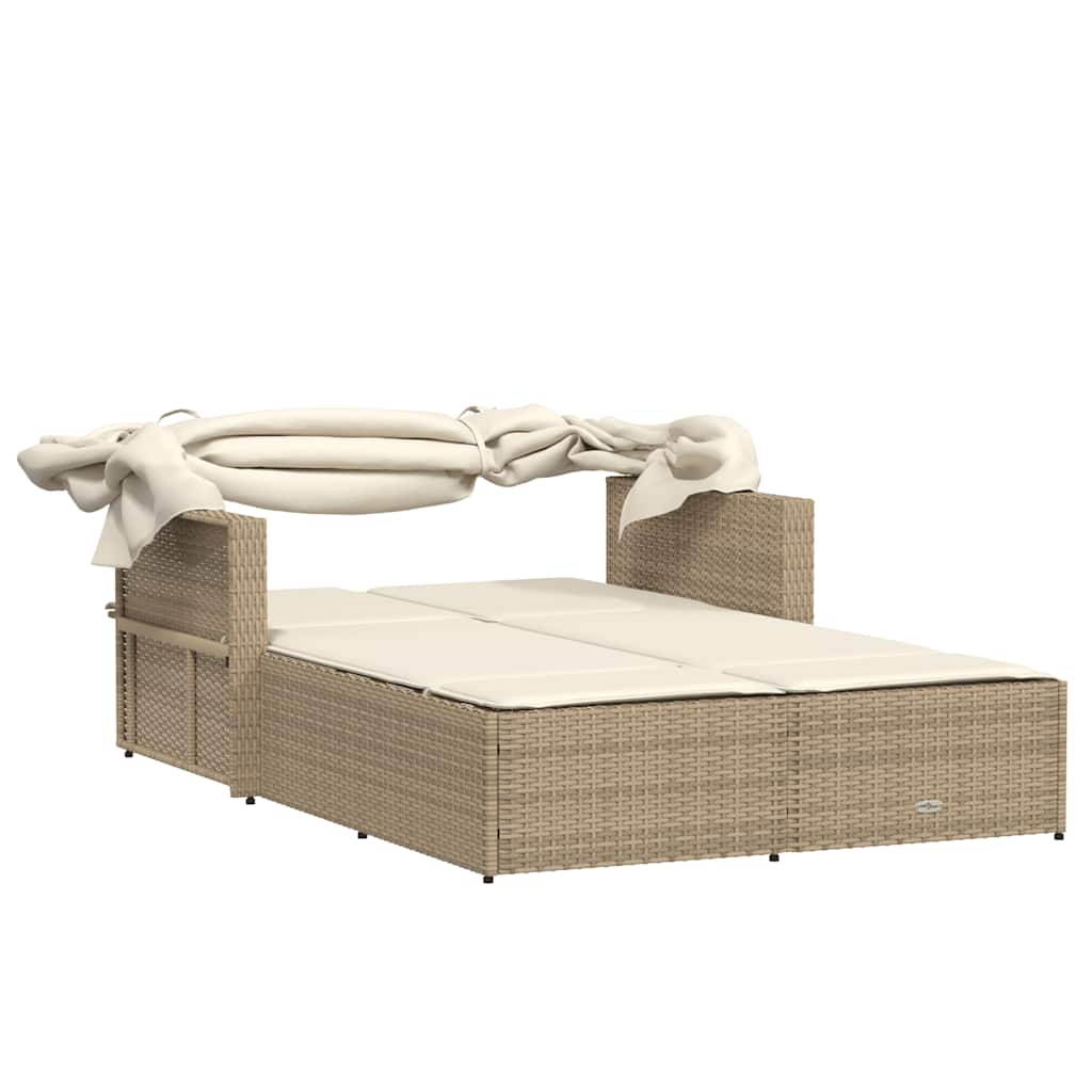 vidaXL Double Sun Lounger with Canopy and Cushions Beige Poly Rattan 5
