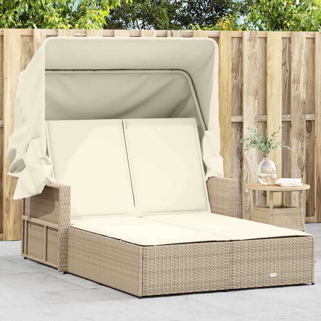 vidaXL Double Sun Lounger with Canopy and Cushions Beige Poly Rattan 1
