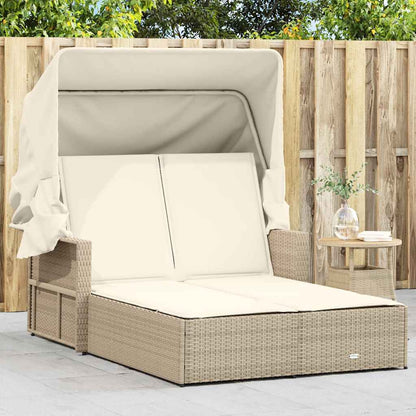 vidaXL Double Sun Lounger with Canopy and Cushions Beige Poly Rattan 1