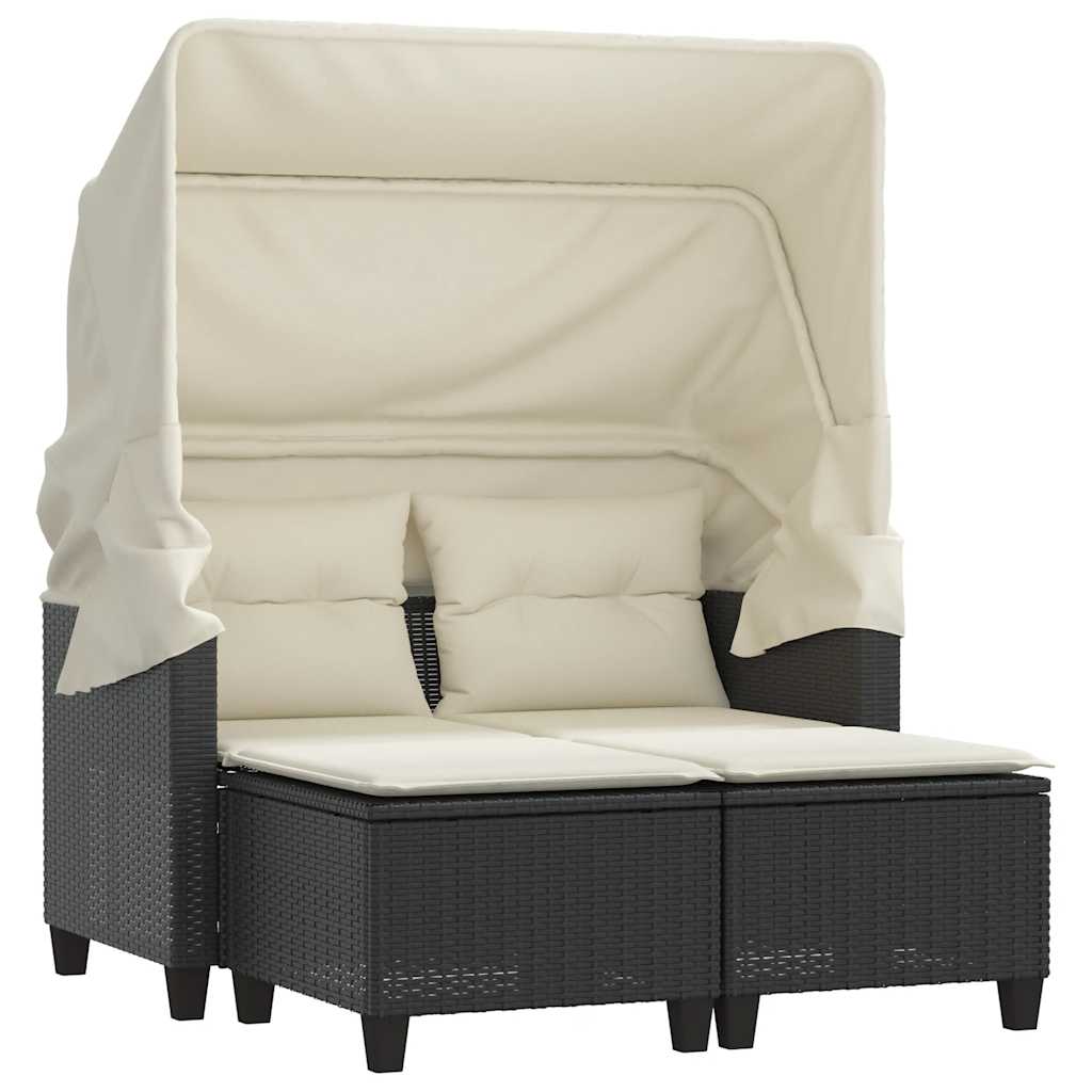 vidaXL Garden Sofa 2-Seater with Canopy and Stools Black Poly Rattan 2