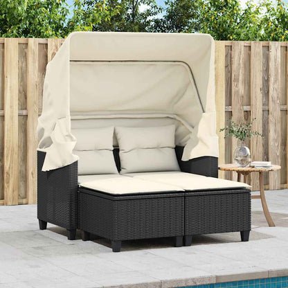 vidaXL Garden Sofa 2-Seater with Canopy and Stools Black Poly Rattan 3