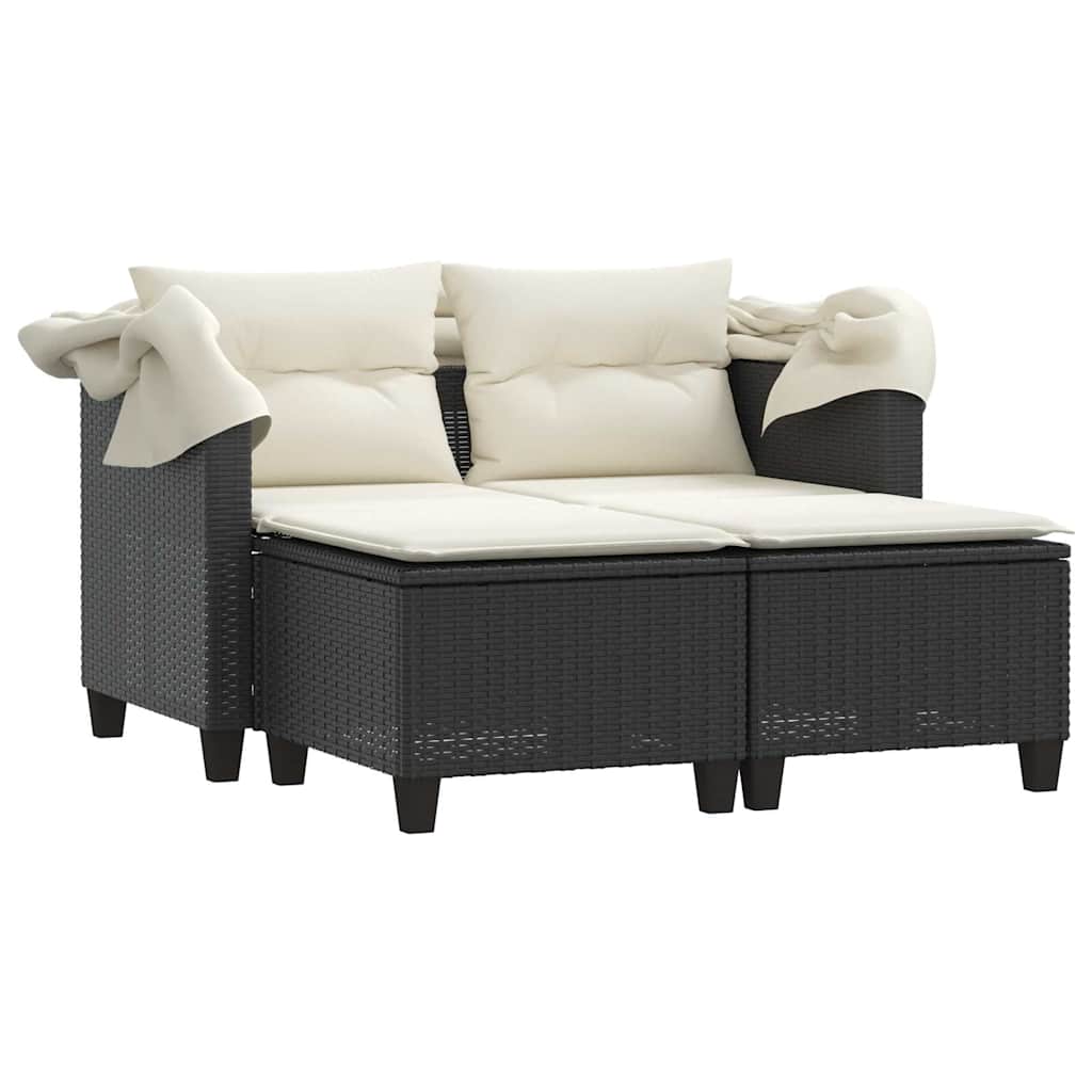 vidaXL Garden Sofa 2-Seater with Canopy and Stools Black Poly Rattan 4