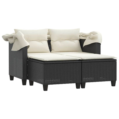vidaXL Garden Sofa 2-Seater with Canopy and Stools Black Poly Rattan 4